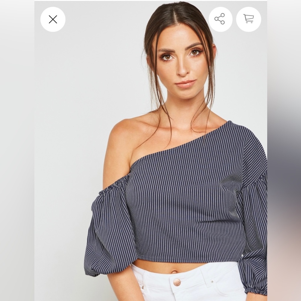 TopShop Navy and White Striped One Shoulder Cropped Blouse Women's Size 2